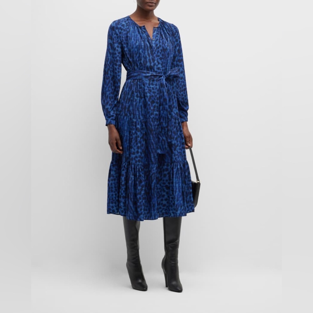 Kobi Halperin Blue and Black Animal-Print Long Sleeve Tie-Waist Dress